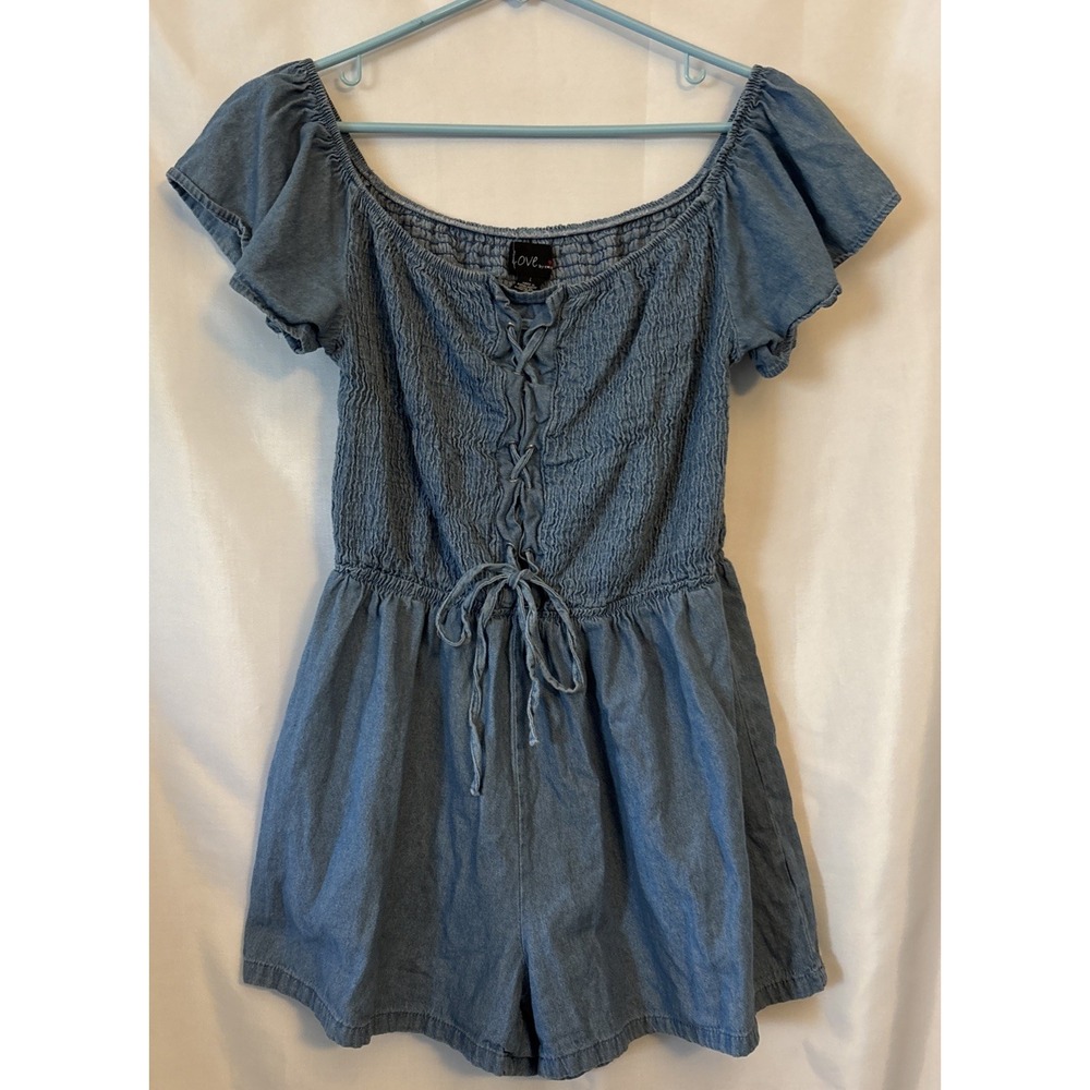 Love By Chelsea Blue Boho Fest Chambray Romper Smocked Tie Elastic Waist L